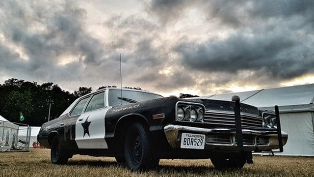 The Bluesmobile photographed beneath a dramatic sky